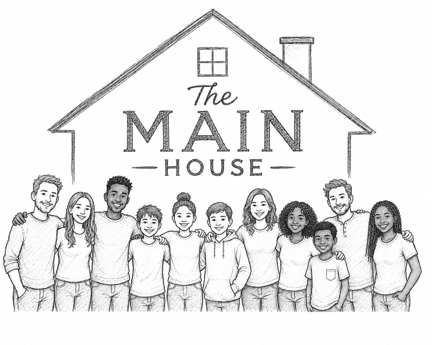 The MAIN House logo — a house sketch with men, women, boys, and girls standing together